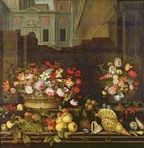 Natura morta con fiori, frutti e conchiglie